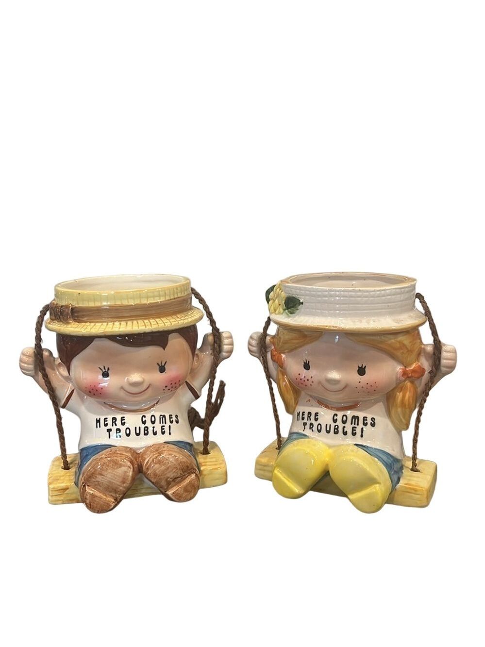 Enesco Boy & Girl on Swing Hanging Planters Here Comes Trouble Vintage